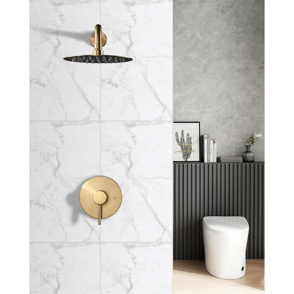 Round 1-Spray Patterns with 1.8 GPM 8 in. Wall Mount Rain Fixed Shower Head in Brushed Gold