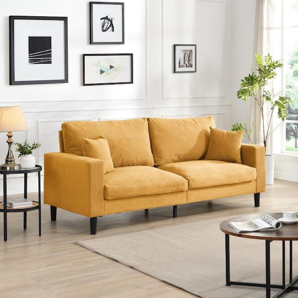Faris 74.8 in. W Square Arm Polyester Corduroy Rectangle Modern Upholstered Sofa in. Orange with Pillows