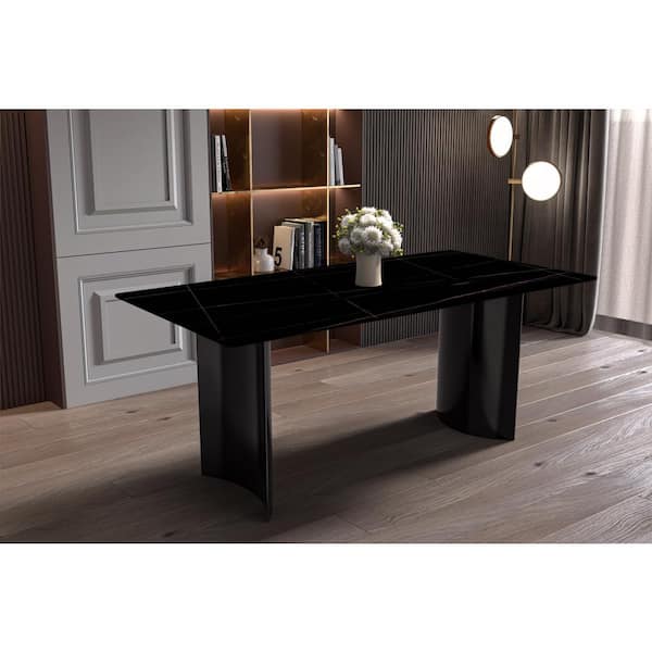 Leisuremod Zara Modern 55 in. Rectangular Dining Table with Sintered Stone Top and Curved Stainless Steel Base (Black/Gold)