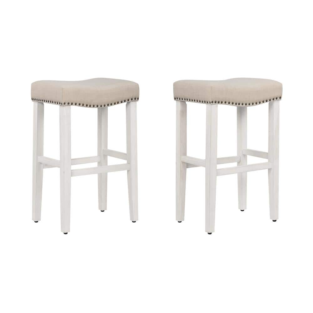 Antique White and Beige Upholstered Saddle Seat Bar Stools, 29" Wood