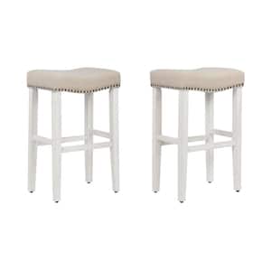 Jameson 29 in. Bar Height Antique White Wood Backless Barstool with Beige Upholstered Linen Saddle Seat Stool (Set of 2)