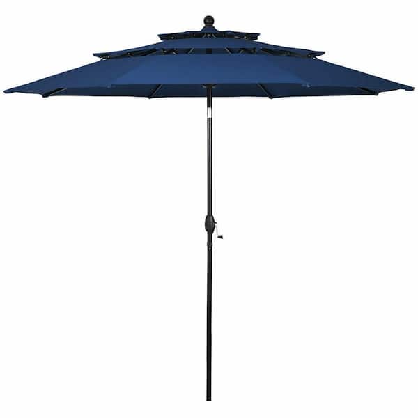 ANGELES HOME 10 ft. Aluminum Market 3 Tier Outdoor Patio Umbrella with Double Vented in Navy