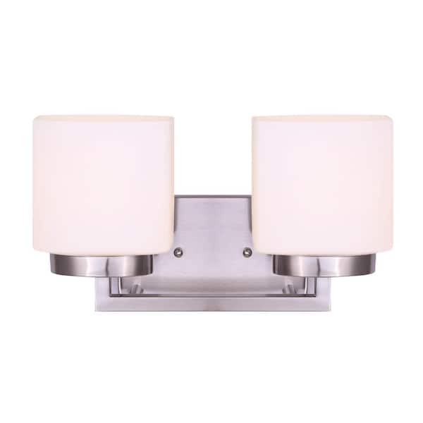 CANARM Sutherland 14.1 in. 2-Light Brushed Nickel Vanity Light with Flat Opal Glass Shades