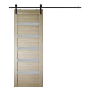 Leora 27.75 in. x 95.25 in. 7-Lite Frosted Glass Shambor Wood Composite Sliding Barn Door with Hardware Kit