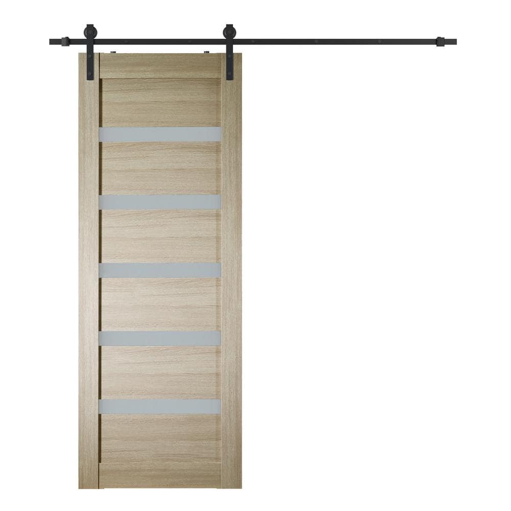 Leora 31.75" x 95.24" Light Brown Composite Barn Door with Frosted Glass