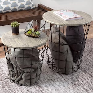 Gray 2-Piece Nesting Veneer Metal and Wood Round Accent Table Set