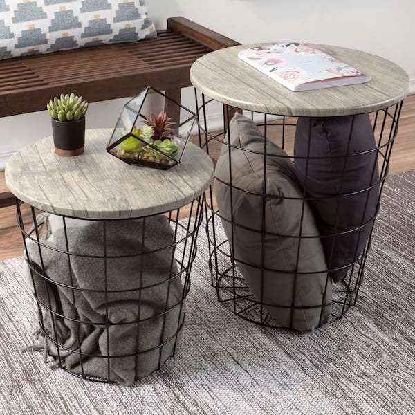 Lavish Home Gray 2-Piece Nesting Veneer Metal and Wood Round Accent Table Set