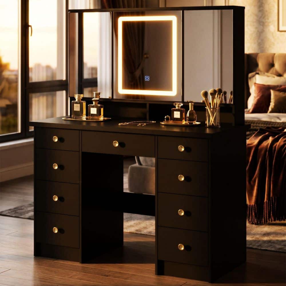 FUFU&GAGA Black Modern Makeup Vanity Desk 9-Drawers Wood Dressing Table with 3 Mirrors, Hidden Storage Shelves, LED Lighted Lights