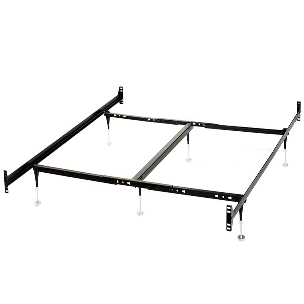 Black Metal Queen Bed Frame with Upholstered Headboard