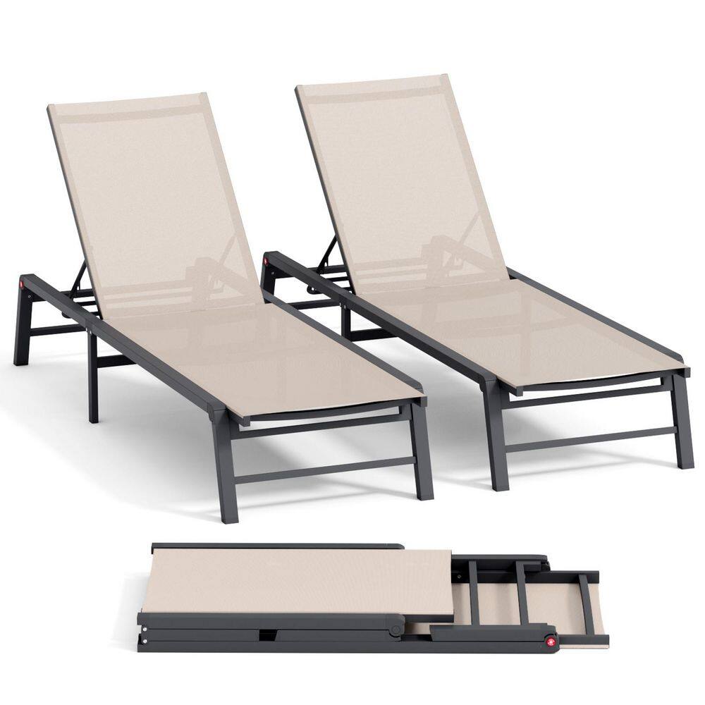 Assemble-Free Beige Textilene Fabric 2-Piece Aluminum Lay Flat Outdoor Chaise Lounge Chair with 5 Adjustable Backrest price history on PriceWatchPro