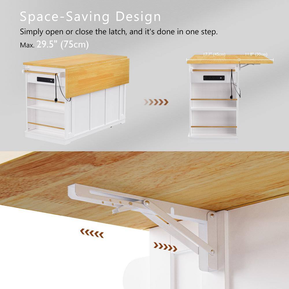 Farmhouse White Drop Leaf Wood Kitchen Island with Power Outlet and Adjustable Shelves