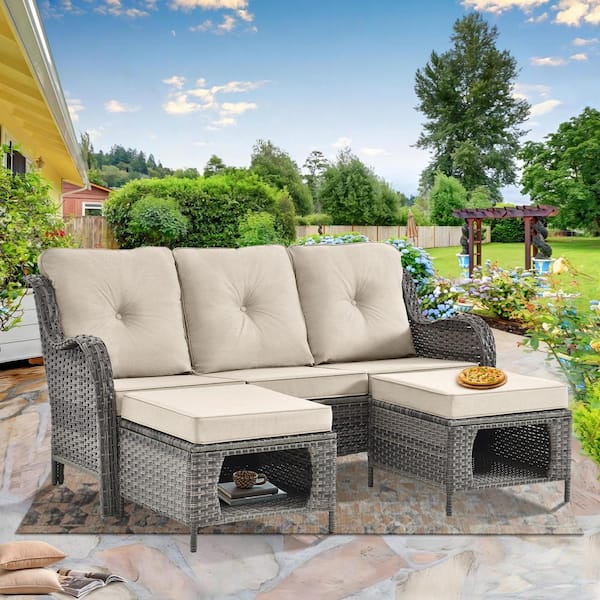 kuurfuurdo Gray 3-Piece Wicker Outdoor Patio Conversation Seating Sofa Set Couch Ottoman with Beige Cushions
