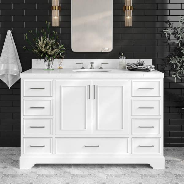 ARIEL Stafford 54 in. W x 22 in. D x 36 in. H Single Sink Freestanding Bath Vanity in White with Carrara White Quartz Top
