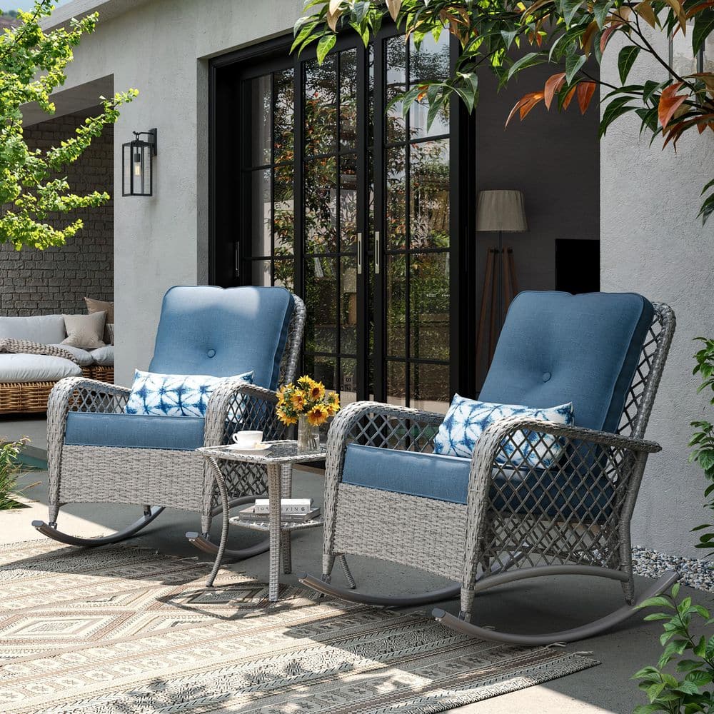 Poteban 3-Piece Wicker Outdoor Rocking Chair with Navy Cushion