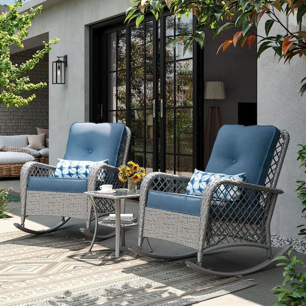3-Piece Wicker Outdoor Rocking Chair with Navy Cushion