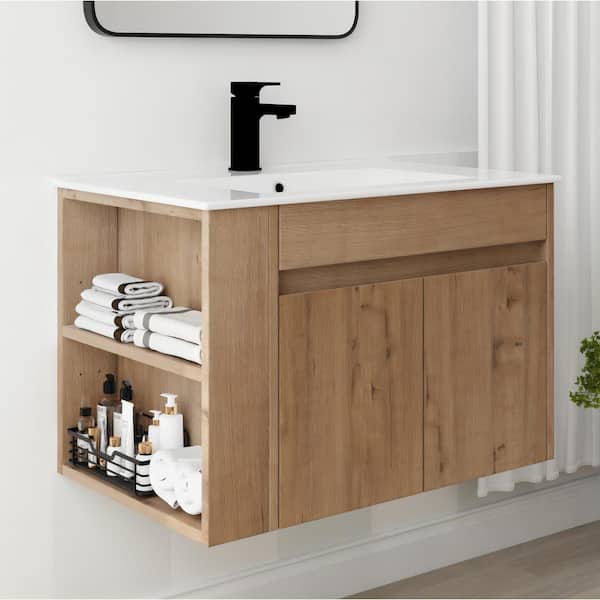 30 in. W x 18.3 in. D x 19.7 in. H Wall Mount Floating Bath Vanity in Imitative Oak with White Ceramic Top