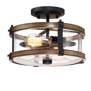 5.12 in. 2-Light Matte Black and Barnwood Accents Semi-Flush Mount Light with Shade (Bulbs Not Included)