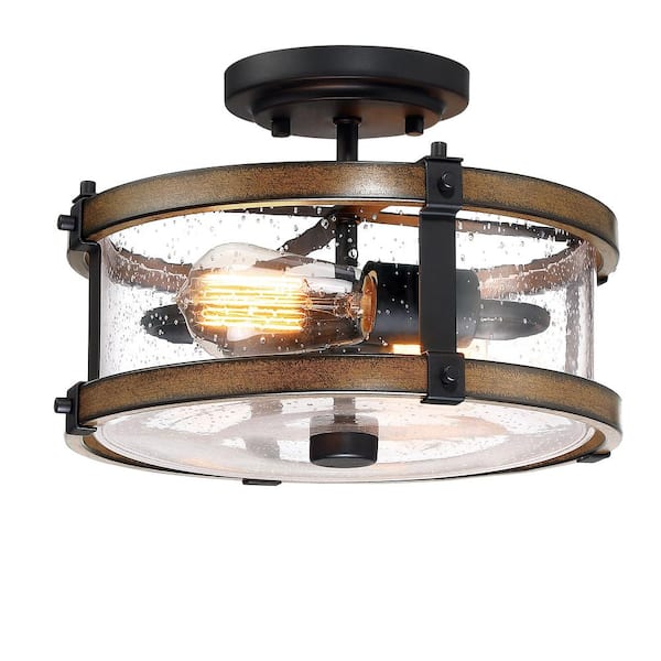 WELLFOR 5.12 in. 2-Light Matte Black and Barnwood Accents Semi-Flush Mount Light with Shade (Bulbs Not Included)