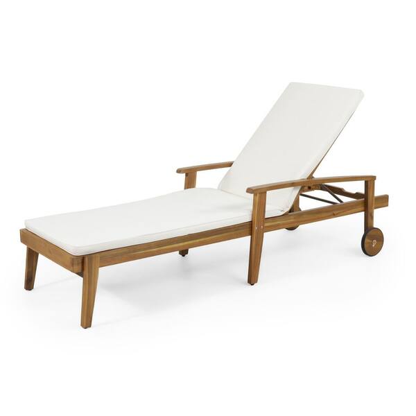 Teak Wood Outdoor Chaise Lounge with Cream Cushions