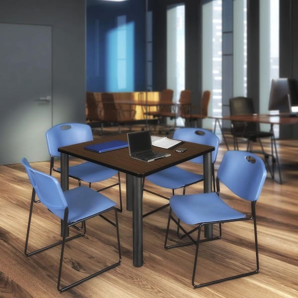 Kee 42 in. Neo Walnut Square Breakroom Table Desk and 4 Zeng Stack Chairs-Blue