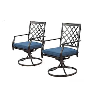 Swivel Metal Outdoor Dining Chair with Blue Cushions (2-Pack)