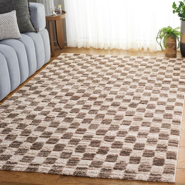 Seattle Shag 7 ft. x 7 ft. Ivory/Brown Checkered square Area Rug