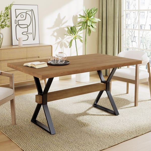 CHRISTOPHER KNIGHT HOME Mia Brown Wood 63 in. Double Pedestal Rectangular Dining Table, Seats 6, Metal Legs