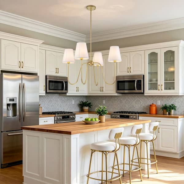 TinHon 4-Light Gold Chandelier with White Fabric Shades, Modern