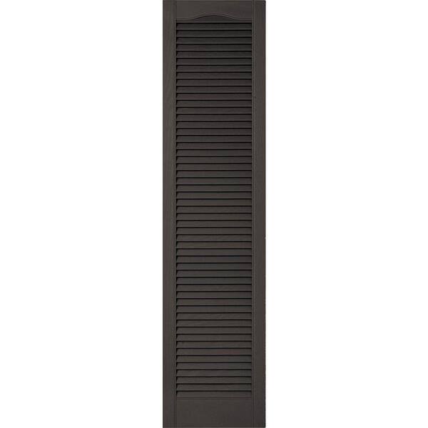 Ekena Millwork 14-1/2 in. x 71 in. Lifetime Vinyl Custom Cathedral Top All Open Louvered Shutters Pair Musket Brown