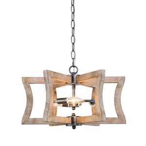 3-Light Natural Wood Chandelier - Distressed Wood and Antique Brushed Silver Farmhouse Chandelier Ideal For Living room