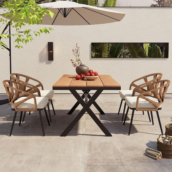 5-Piece Dark Yellow Wood Patio Outdoor Dining Set with Beige Cushions, PE Rattan Chairs and Plastic Wood Table, for Lawn