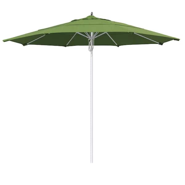 California Umbrella 11 ft. Silver Aluminum Commercial Market Patio Umbrella Fiberglass Ribs and Pulley lift in Spectrum Cilantro Sunbrella
