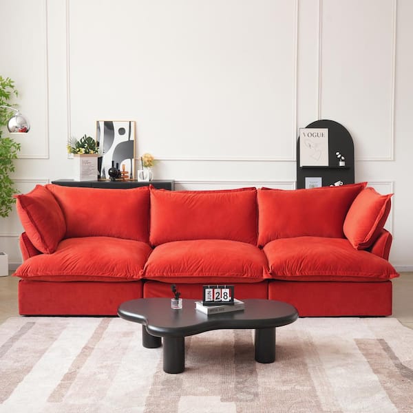 123 in. Modern Rounded Arm 3-Piece Velvet Reversible Sectional Sofa in. Red w/Pillows
