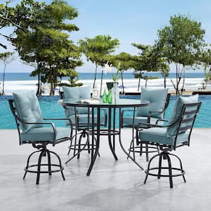Lavallette 5-Piece Steel Round Outdoor Dining Set with Ocean Blue Cushions, 4 Swivel Chairs and a 52 in. Glass-Top Table