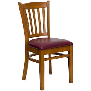 Hercules Series Cherry Vertical Slat Back Wooden Restaurant Chair with Burgundy Vinyl Seat