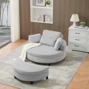 White Velvet Big Round Swivel Accent Barrel Chair with Storage Ottoman and Pillows