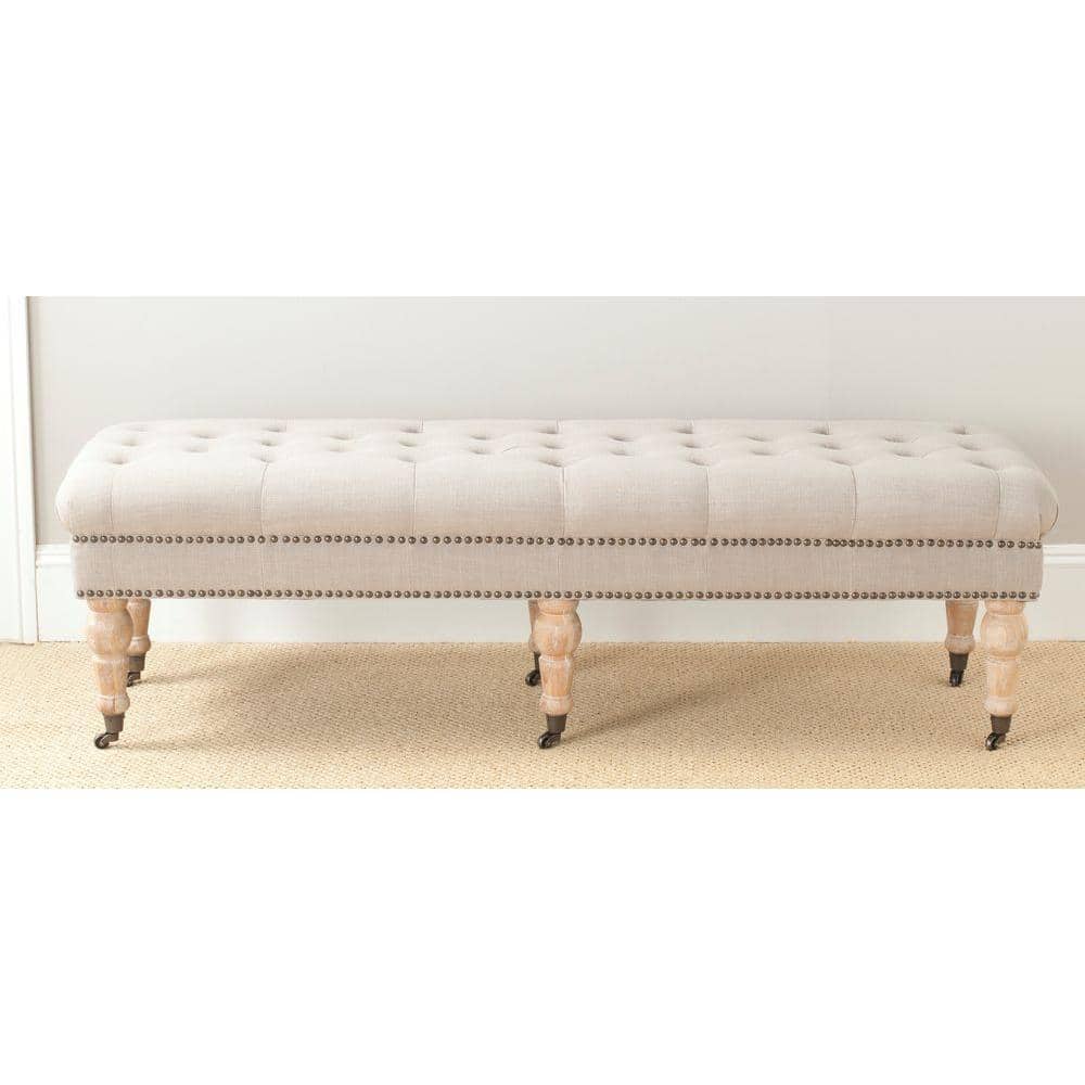 Taupe Linen-Poly Blend Bench with Turned Oak Legs