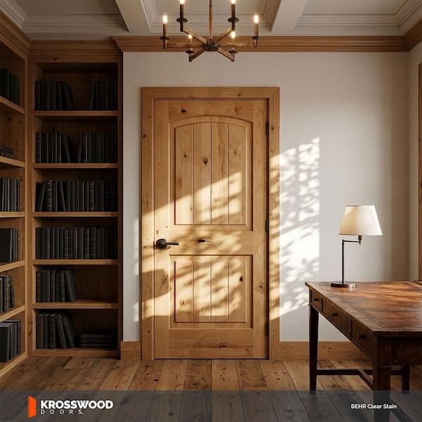 30 in. x 80 in. Knotty Alder 2 Panel Top Rail Arch with V-Groove Solid Wood Core Interior Door Slab