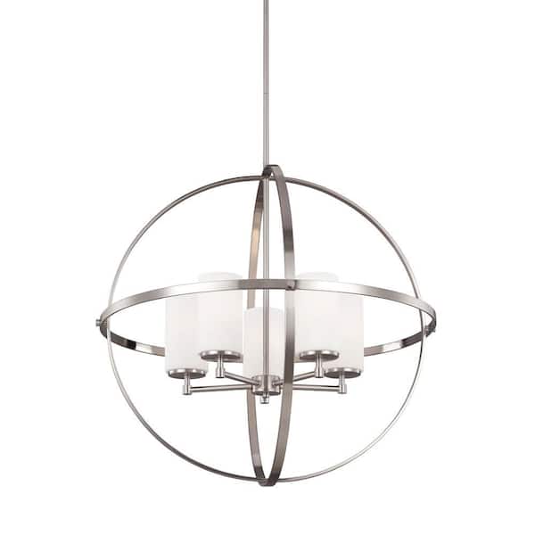 Generation Lighting Alturas 5-Light Brushed Nickel Modern Hanging Globe Chandelier with Satin Etched Glass Shades