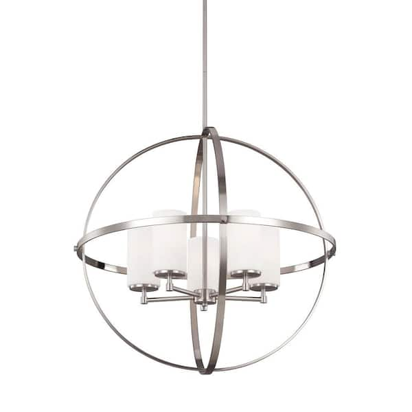 Alturas 5-Light Brushed Nickel Modern Hanging Globe Chandelier with Satin Etched Glass Shades