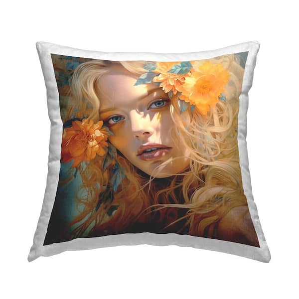 Stupell Industries Blonde Woman and Blooms Orange Floral Polyester 18 in. x 18 in. Throw Pillow