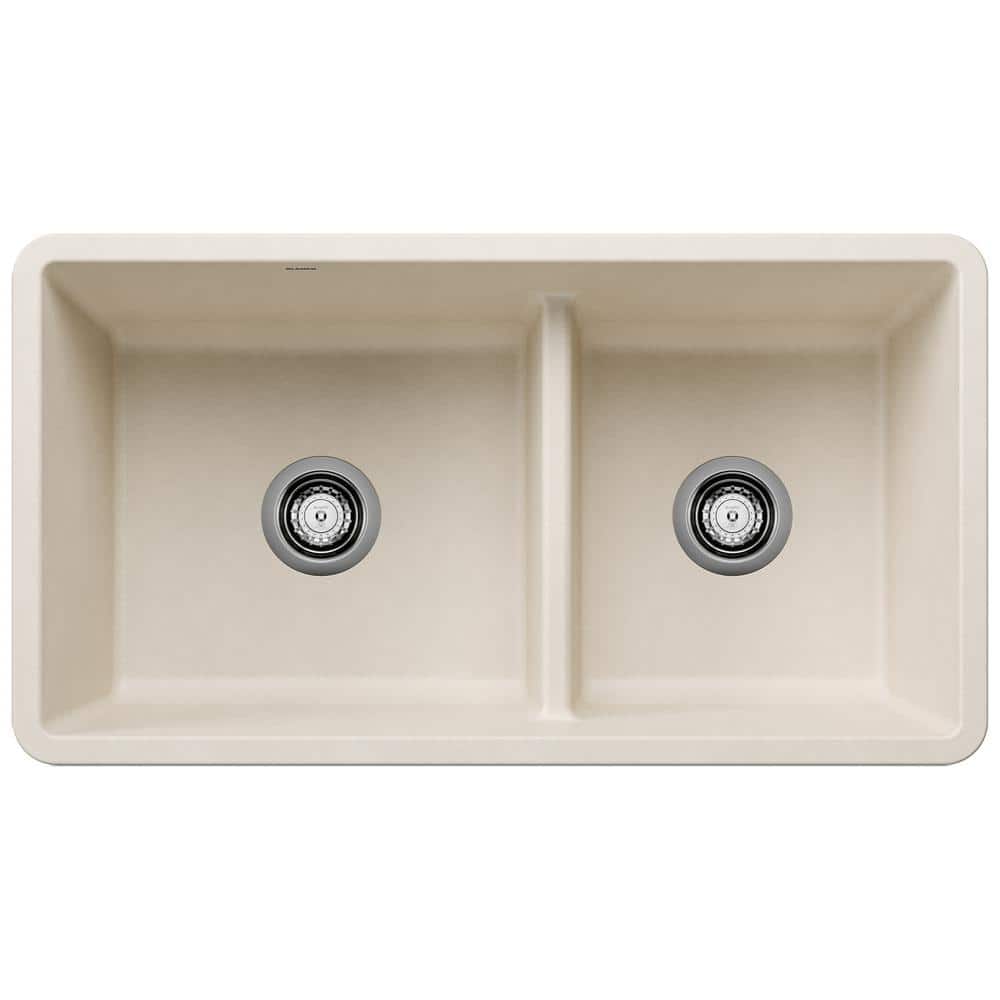 PRECIS Silgranit 33 in. Undermount 60/40 Double Bowl Soft White Granite Com