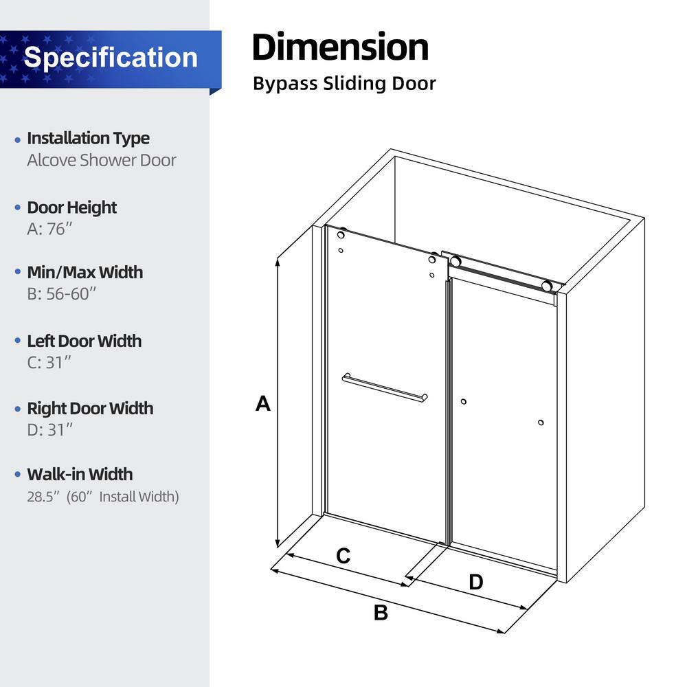 Chrome Frameless Sliding Shower Door with Tempered Glass, 60 x 76 inches