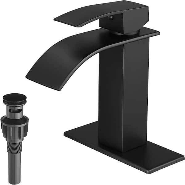 Single Handle Waterfall Spout Single Hole Bathroom Sink Faucet with Pop-up Drain and Touch on in Matte Black