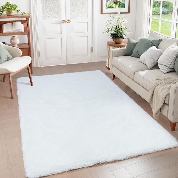 White 3 ft. x 5 ft. Fuzzy Faux Rabbit Fur Rug Plush Fluffy Rug Area Rug