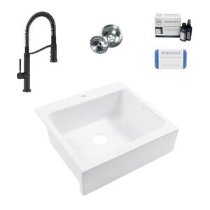 Josephine 26 in. 1-Hole Quick-Fit Farmhouse Drop-In Single Bowl White Fireclay Kitchen Sink with Bruton Black Faucet Kit