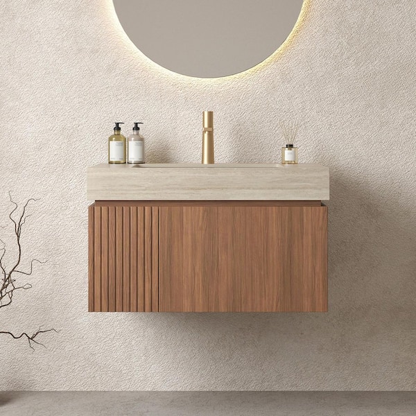 30 in. Single Sink Floating Espresso Bath Vanity with Beige Sintered Stone Top
