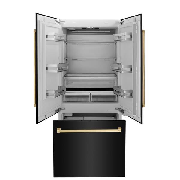 black refrigerator with gold handles