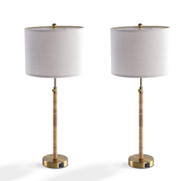 Cleveland 33-in. Brass Adjustable Height Table Lamp with Light Brown Shade/USB/Type-C Ports (2-Pack)