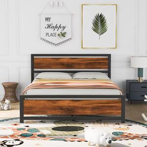 81 in.W Black Queen Size Platform Bed with Headboard and Footboard, Metal and Wood Bed Frame with Steel Slats Support